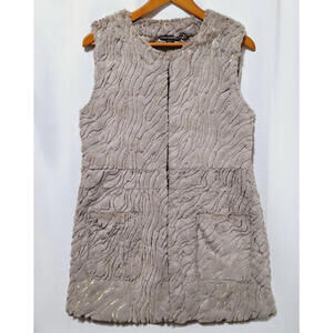 Mushka Sienna Rose Faux Rabbit Fur Long Vest Sz M Gold Sequin Furrier Hooks Grey